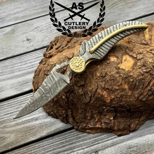Handmade personlized damascus folding hunting knife with damascus handle