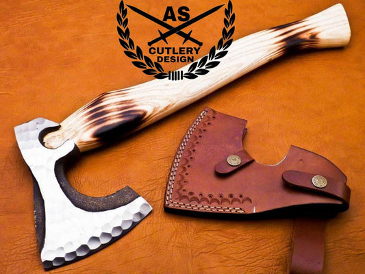 Handmade Steel Carbon Steel Axe & Leather Sheath” Natural Rose Wood Handle