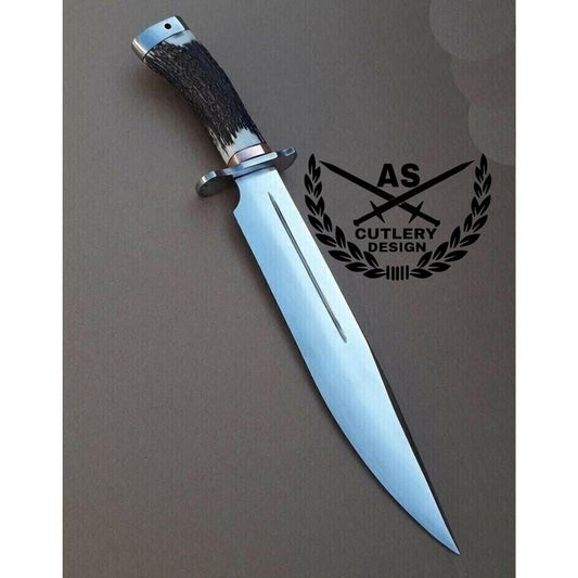 Stag Antler Bowie Knife Custom Handmade Bowie D2 Tool Steel Hunting Survival New