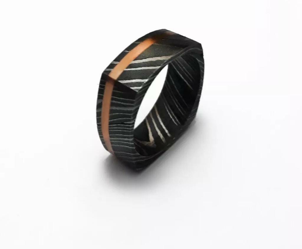Handmade Damascus Steel Wedding Band: Iron Wood Inlay, Stainless Steel Sleeve
