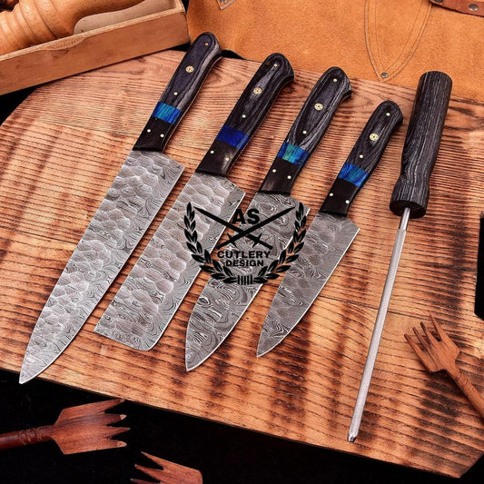 Custom Handmade Damascus Kitchen Knife Set with Sharpener