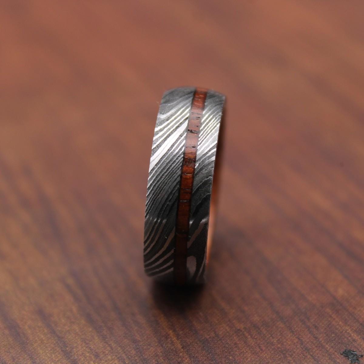 Damascus Steel & Pakkawood Ring: Handmade Wood Inlay Wedding Band