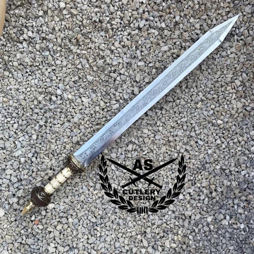 Handmade Engraved Gladius Sword: D2 Steel Blade, Rosewood & Camel Bone Handle
