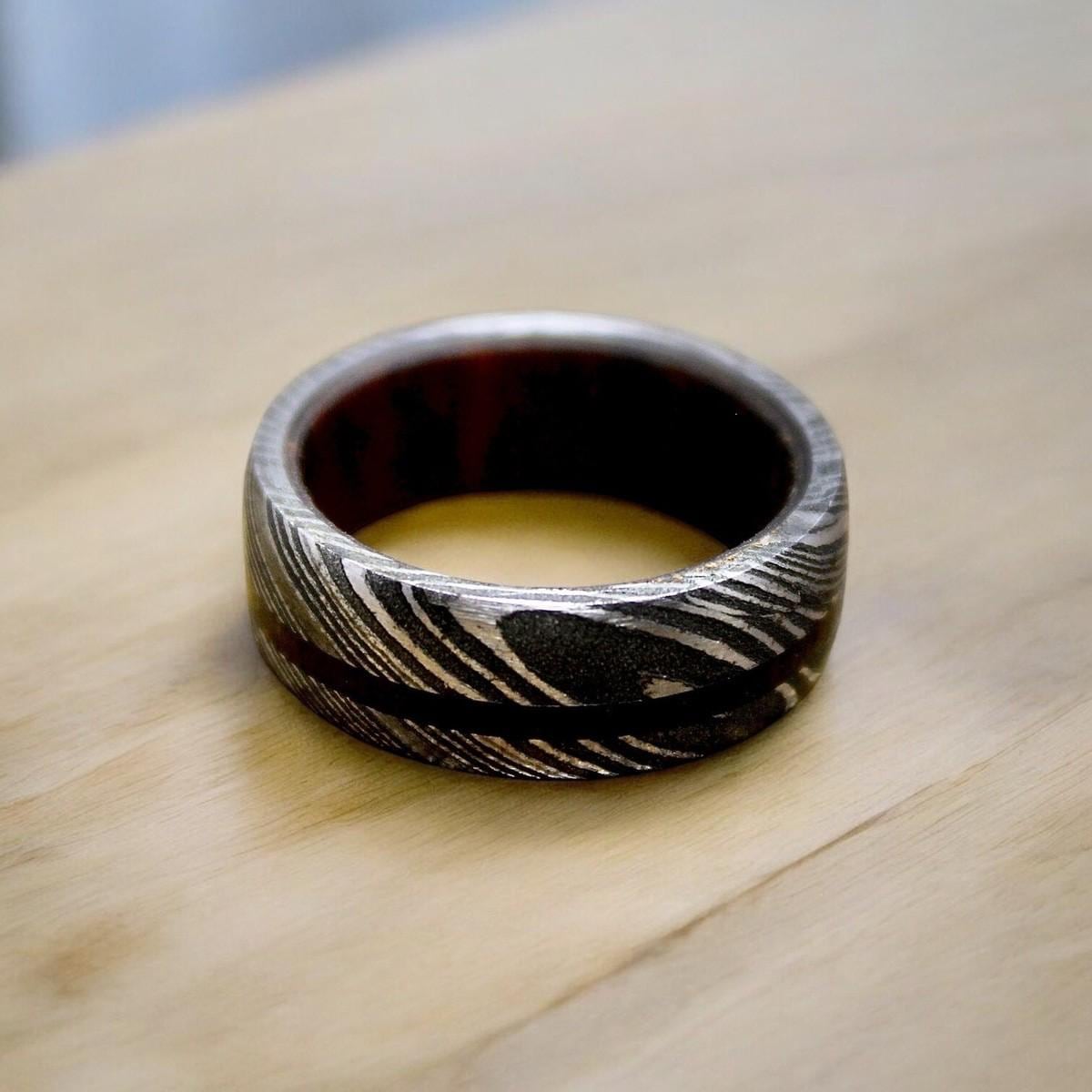 Handmade Damascus Steel & Wood Inlay Ring: Rustic Wedding Band