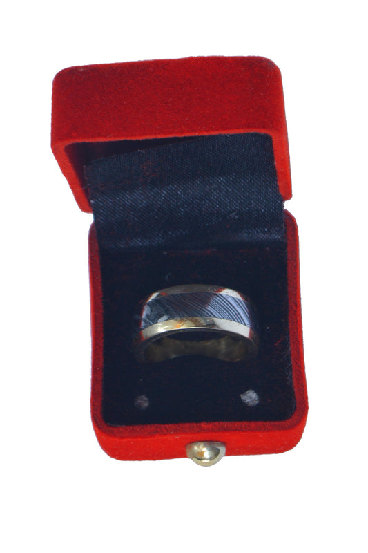 Crown Damascus wedding ring band with brass inlay