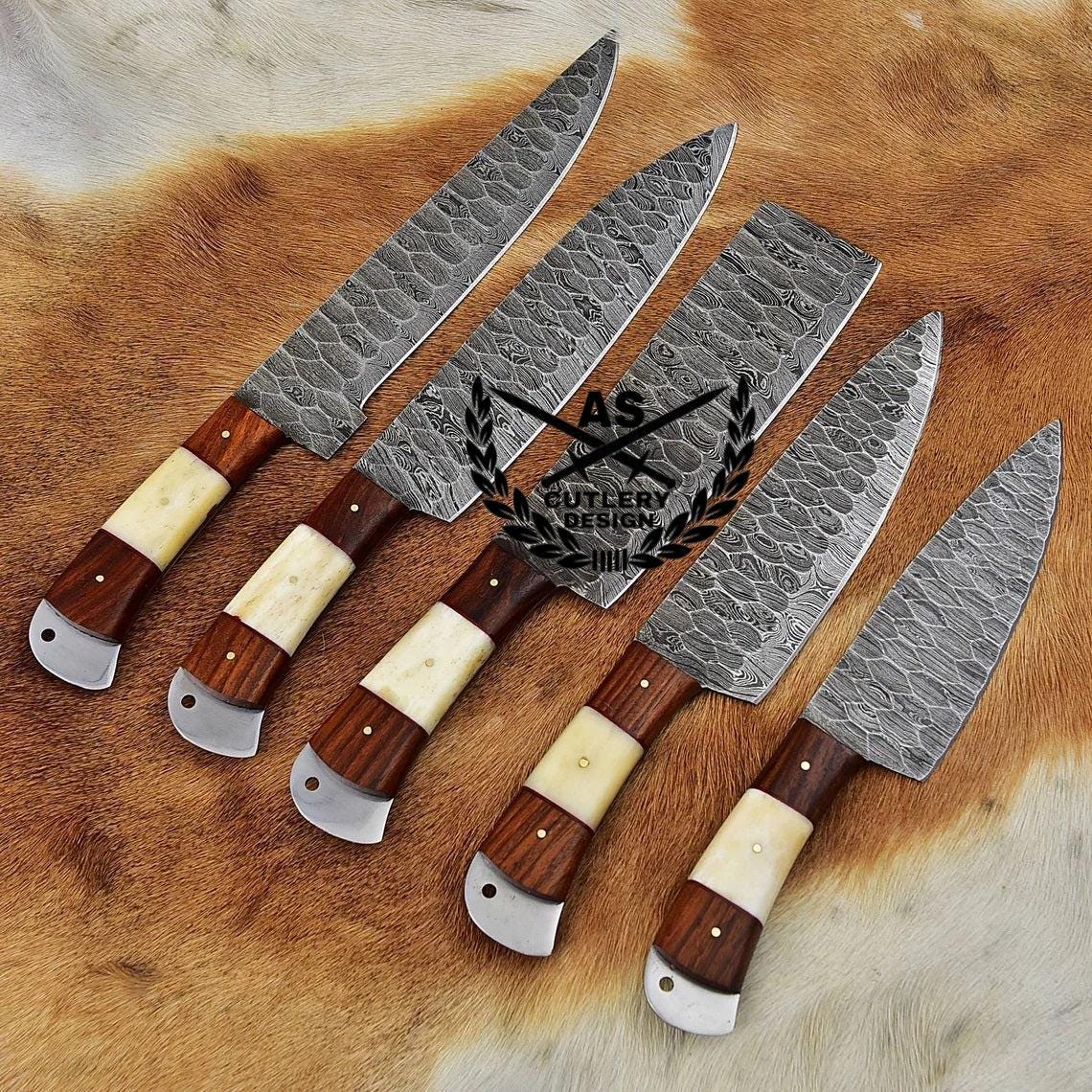 Custom Handmade Damascus Cooking Knife Set - 5 Pieces