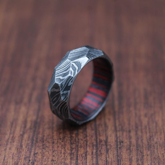 Damascus Whiskey Barrel Hammered Ring, Mens Damascus Steel Wood Wedding Band