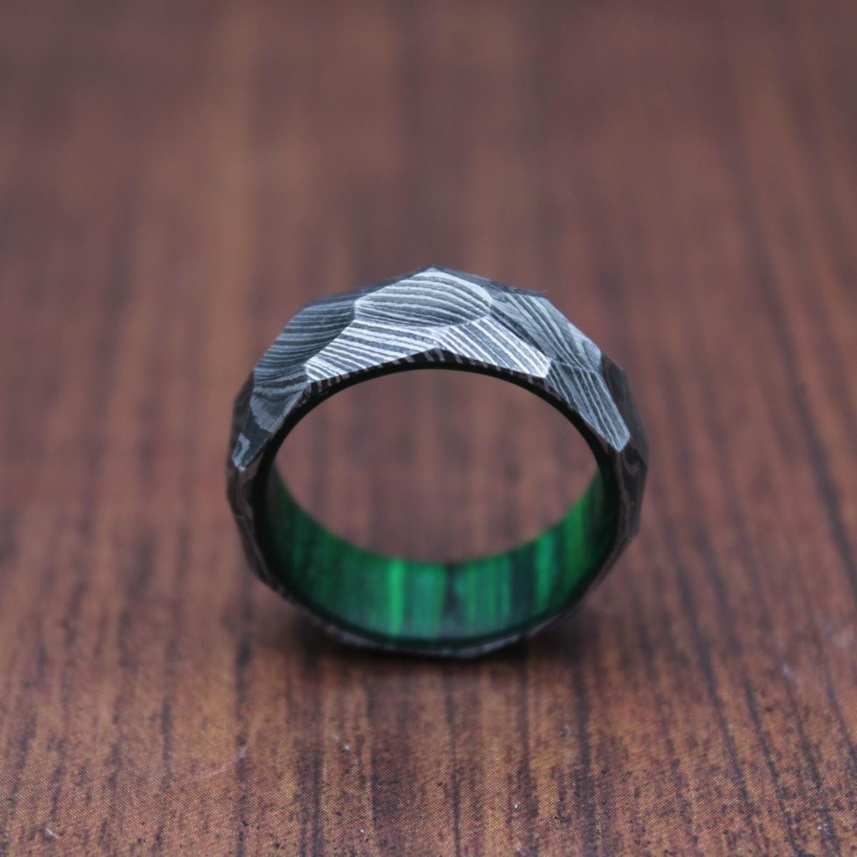 Damascus Steel & Whiskey Barrel Wood Ring - Hammered Wedding Band