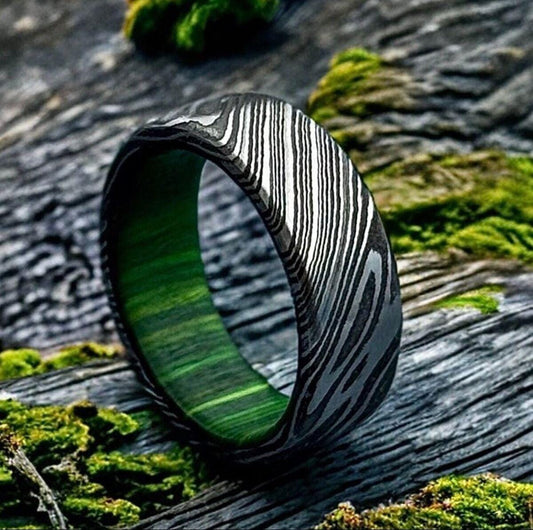 Damascus Steel & Whiskey Barrel Wood Ring - Handmade Wedding Band