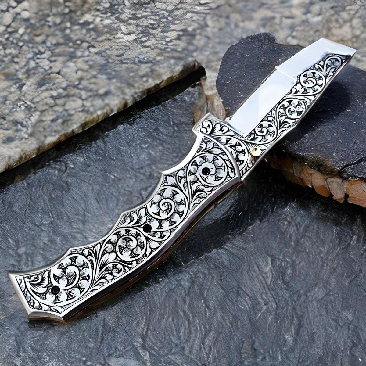Custom Handmade Stainless Steel Folding Pocket Knife Hand Engraved With Sheath