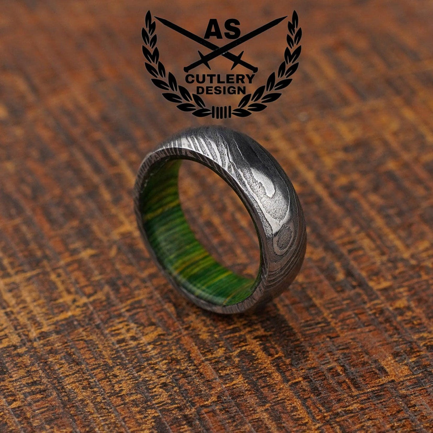 Forest Wood Damascus Steel Wedding Ring Band with Whiskey Barrel Green Wood Inlay