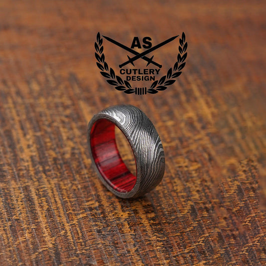 Molten Damascus Steel Wedding Ring Whiskey Barrel Band | Wood Inlay