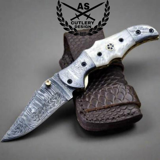 Damascus Folding Knife: Pearl Handle, Leather Sheath & Sharpener