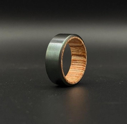 Black Zirconium with Whiskey Barrel wood inlay Handmade Wedding Ring gift ring