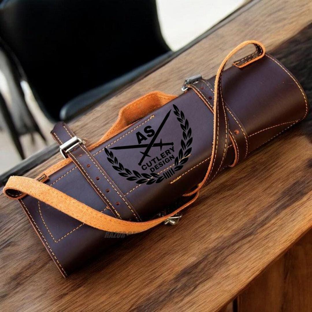 Custom Kitchen Knives Set - Engraved Steel Blades & Leather Roll