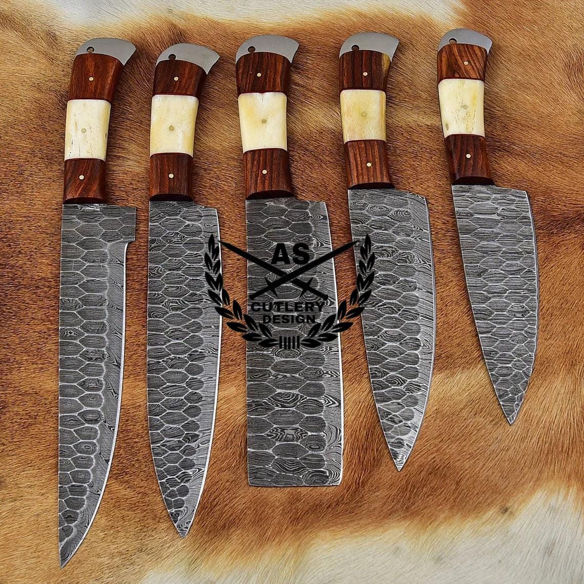 Custom Handmade Damascus Cooking Knife Set - 5 Pieces