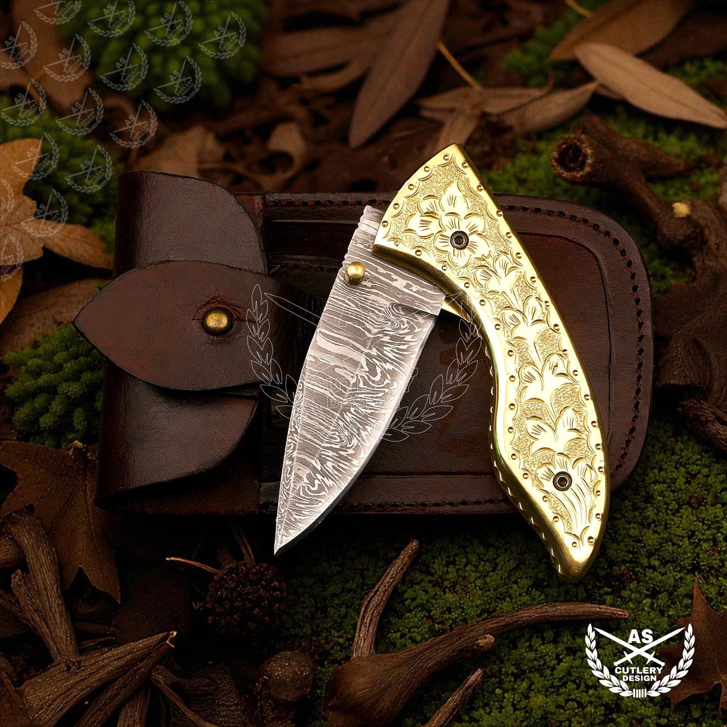 Custom handmade damascus pocket knife with engraved copper handle