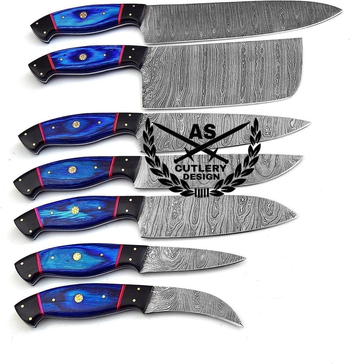 Custom made damascus steel kitchen/chef's knife set with leather roll bag