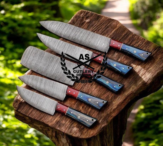 Handmade Damascus Knife Set: Exotic Wood Handles, Leather Roll