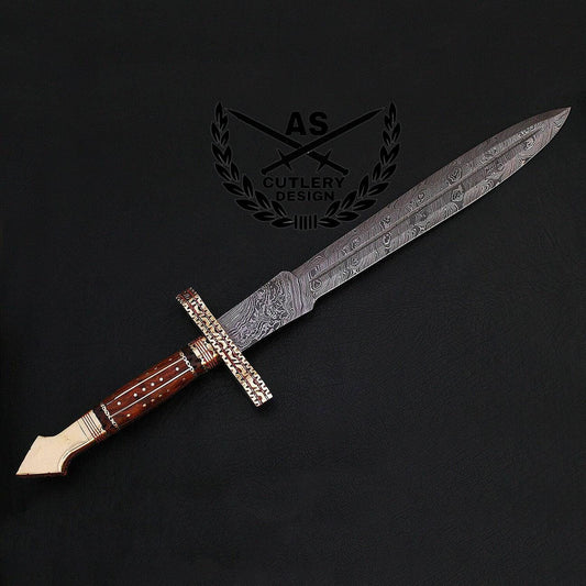 Custom handmade damascus hunting sword  24.25" with leather sheath