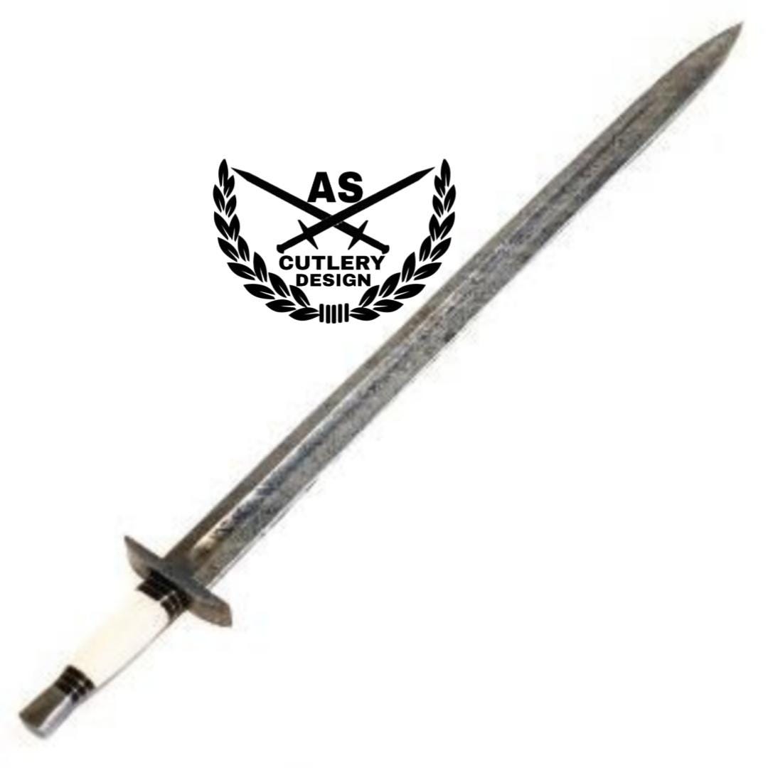 Damascus Steel Viking Sword: High Carbon Steel, Bone Handle, Leather Sheath