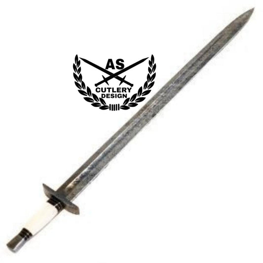 Damascus Steel Viking Sword: High Carbon Steel, Bone Handle, Leather Sheath