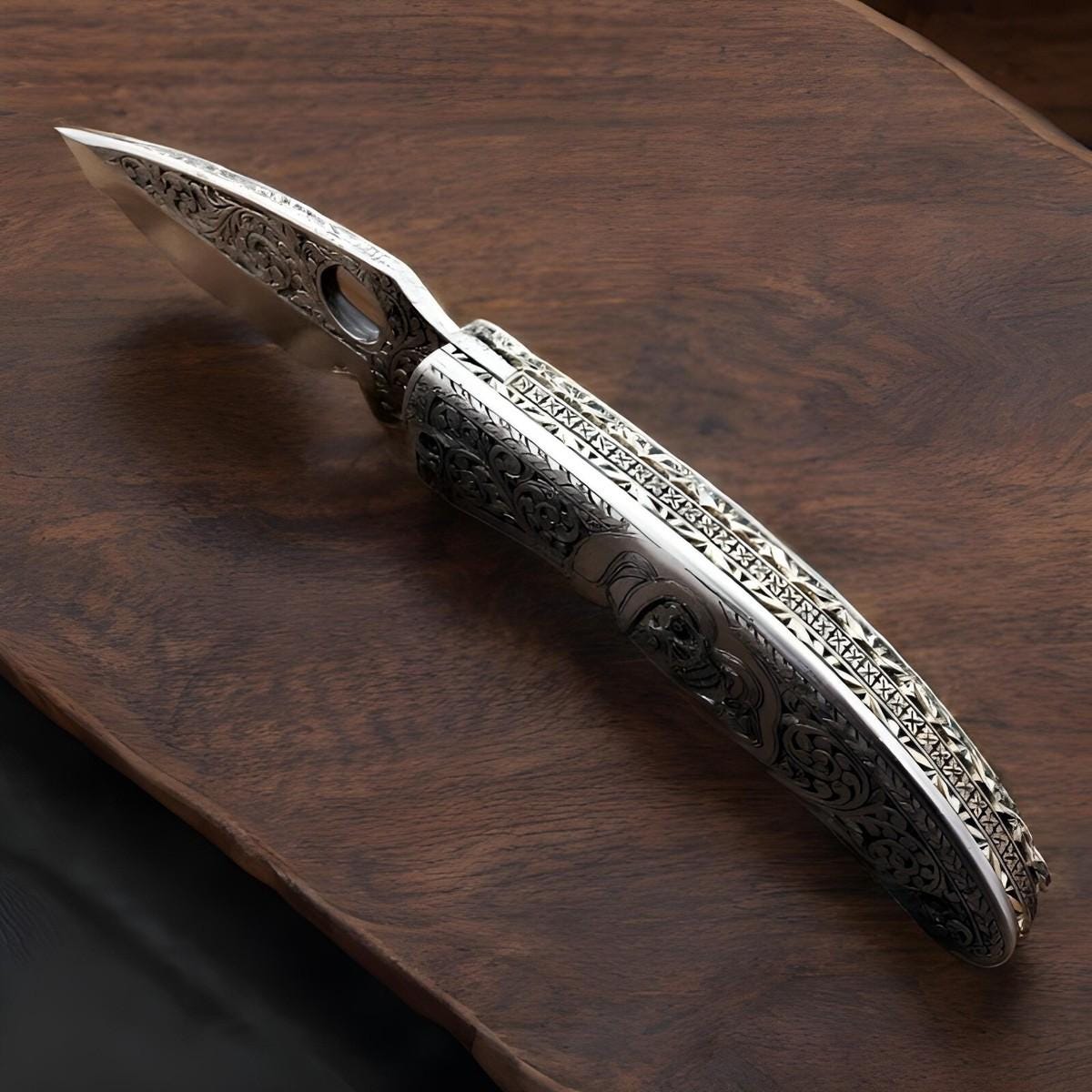 Custom Handmade Stainless Steel Folding Pocket Knife Full Engraved With skull