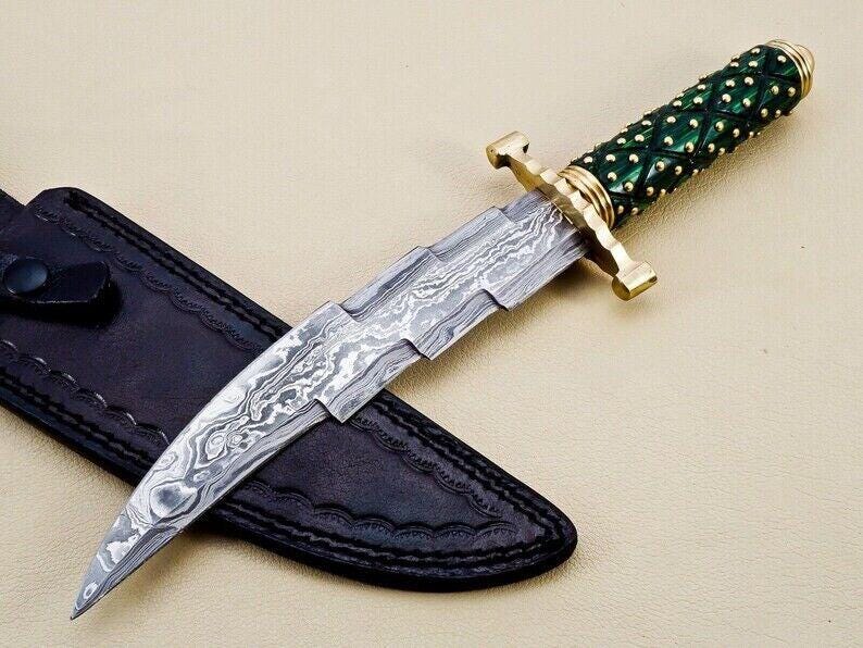 Luxury Handmade Damascus Steel Hunting Zigzager Knife with Leather Sheath