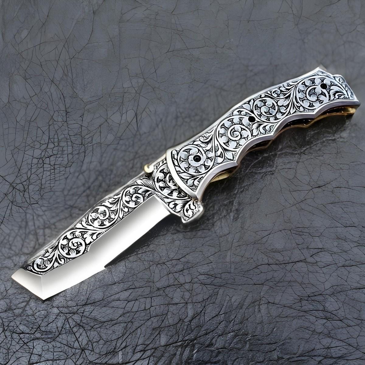 Custom Handmade Stainless Steel Folding Pocket Knife Hand Engraved With Sheath