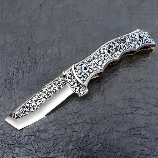 Custom Handmade Stainless Steel Folding Pocket Knife Hand Engraved With Sheath