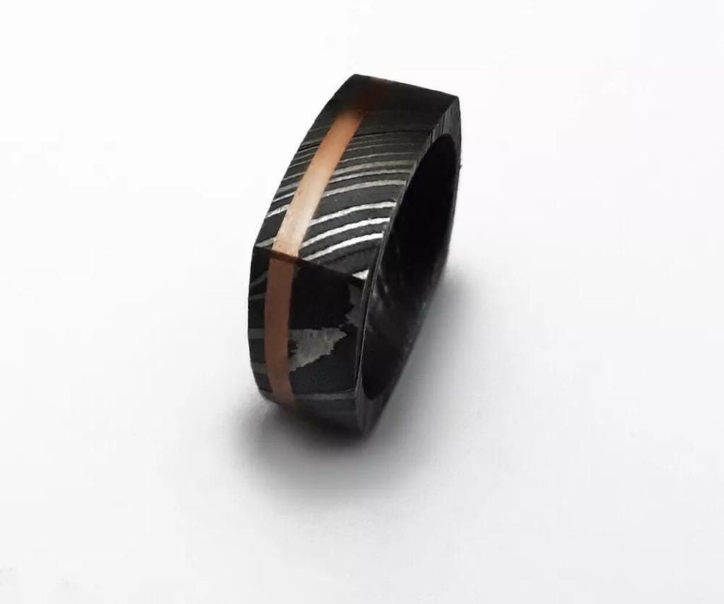 Handmade Damascus Steel Wedding Band: Iron Wood Inlay, Stainless Steel Sleeve