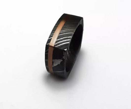 Handmade Damascus Steel Wedding Band: Iron Wood Inlay, Stainless Steel Sleeve