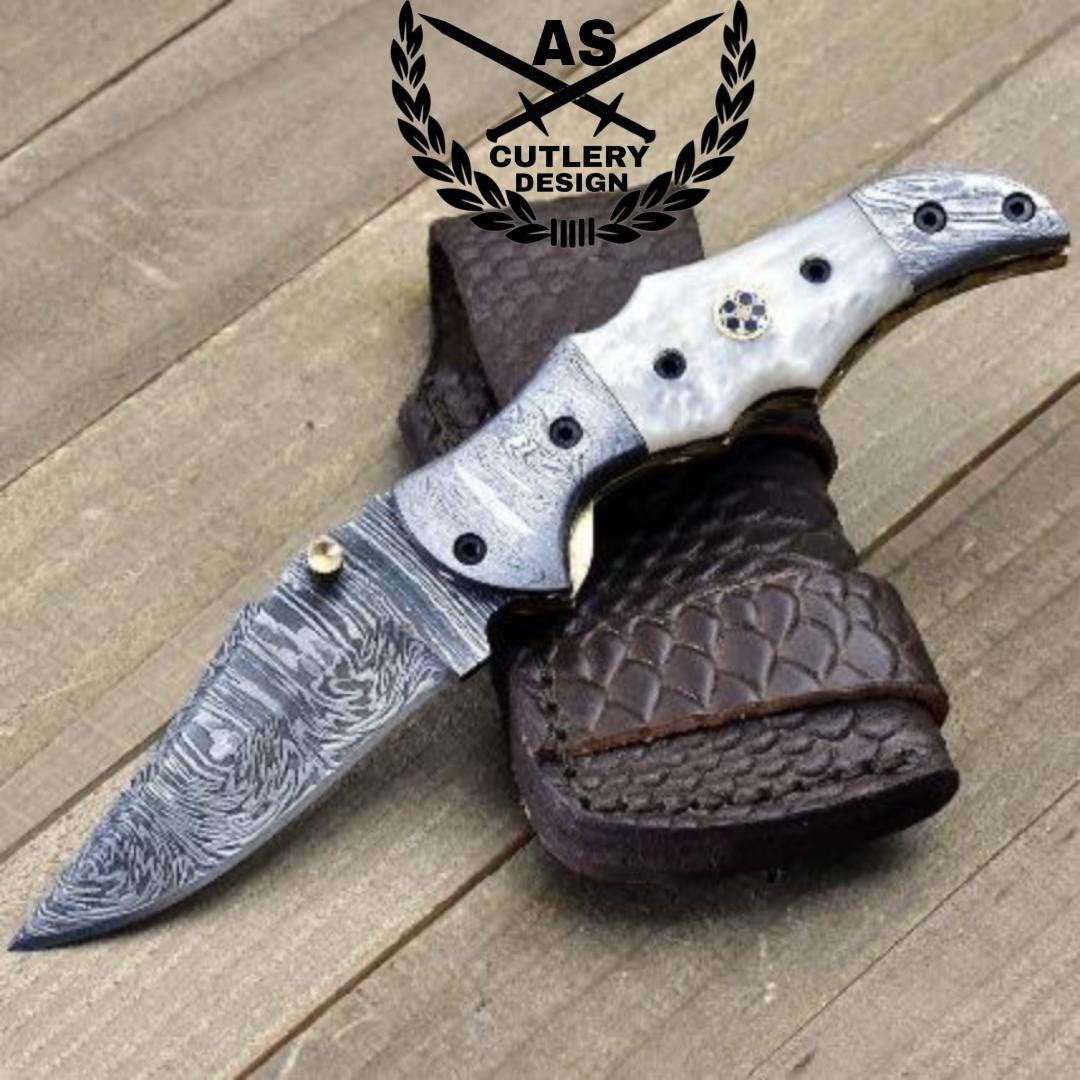 Damascus Folding Knife: Pearl Handle, Leather Sheath & Sharpener