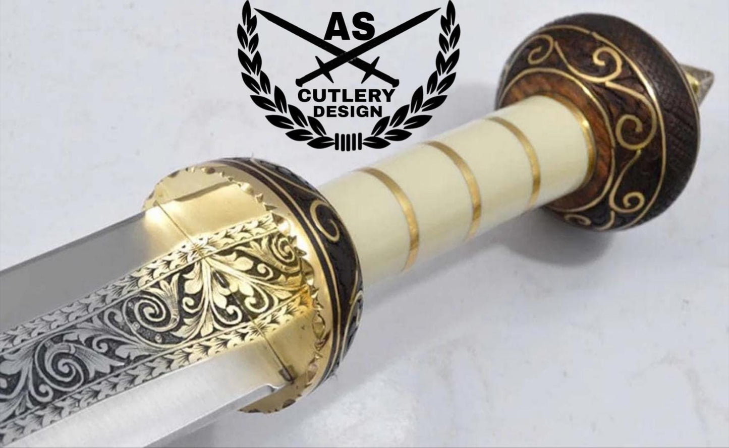 Handmade Engraved Gladius Sword: D2 Steel Blade, Rosewood & Camel Bone Handle