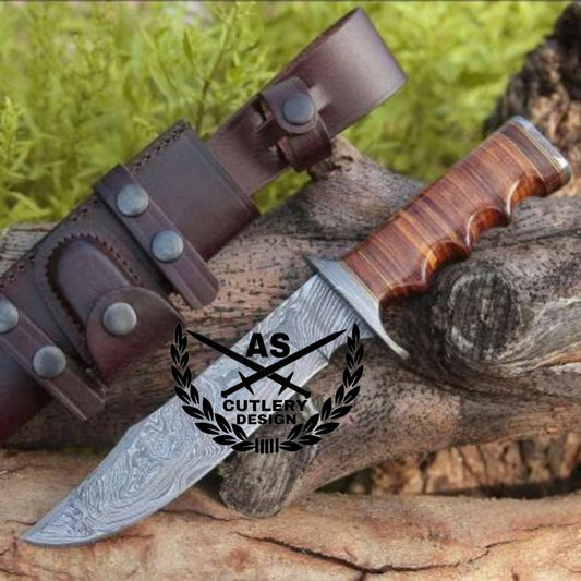 Flux hunting Bowie damascus knife with stacked leather handle