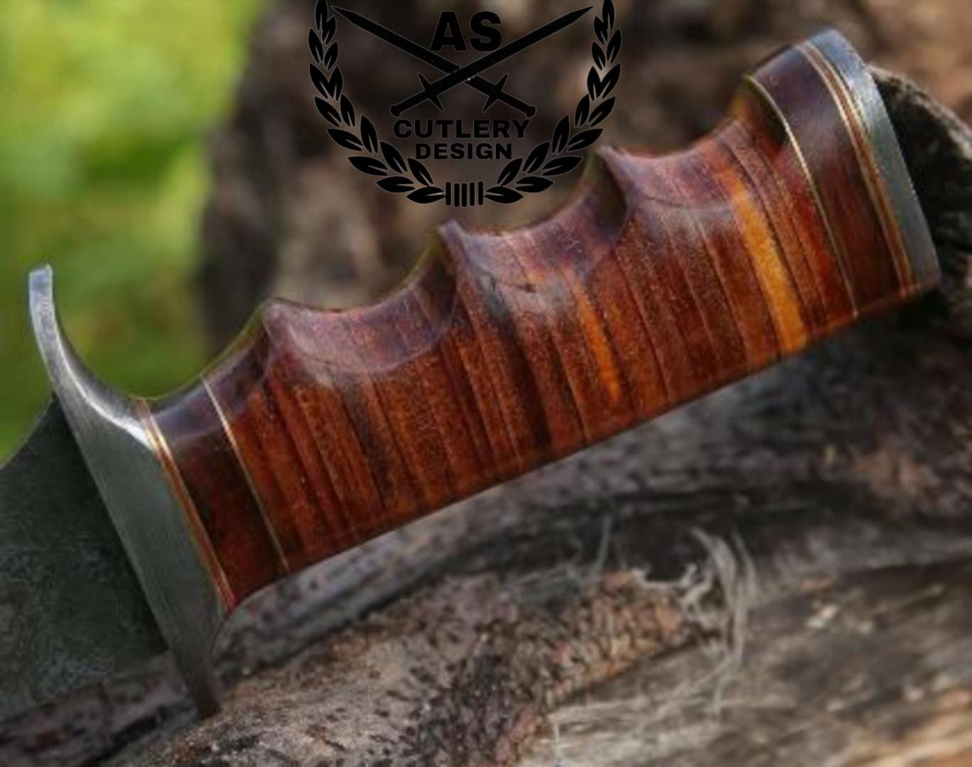 Flux hunting Bowie damascus knife with stacked leather handle