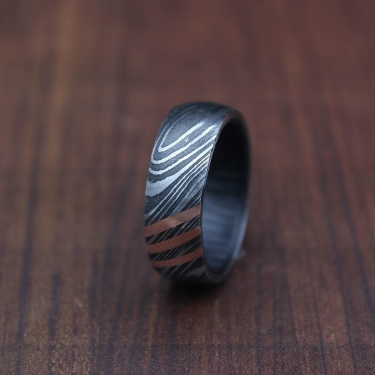 Handmade Damascus Steel Wedding Ring: Whiskey Barrel Wood Inlay