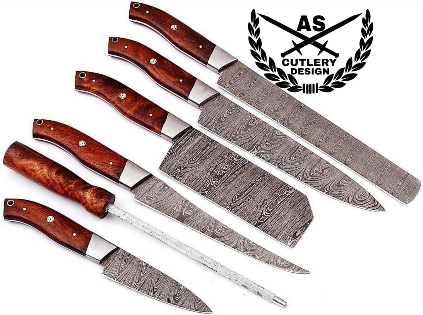 Custom made damascus steel kitchen/chef's knife set with leather roll bag