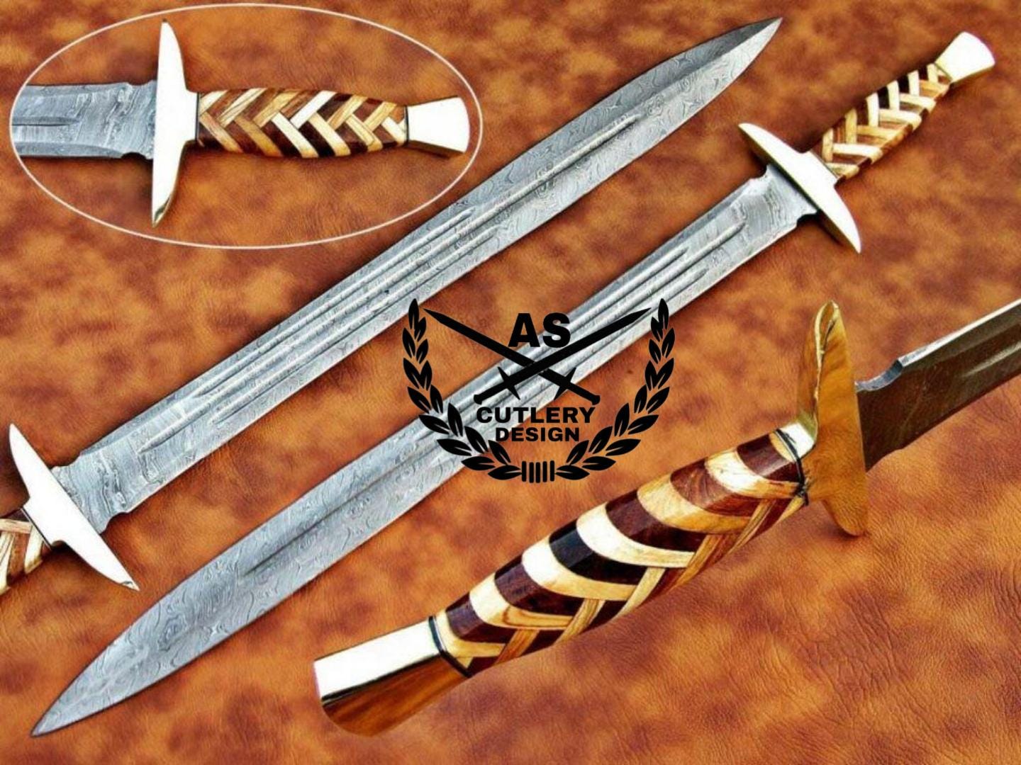 Custom Handmade Damascus Steel Sword & Leather Sheath” Natural Wood Handle