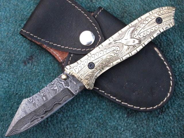 Handmade Damascus Folding Knife Custom Made Pocket Knife With Leather Sheath