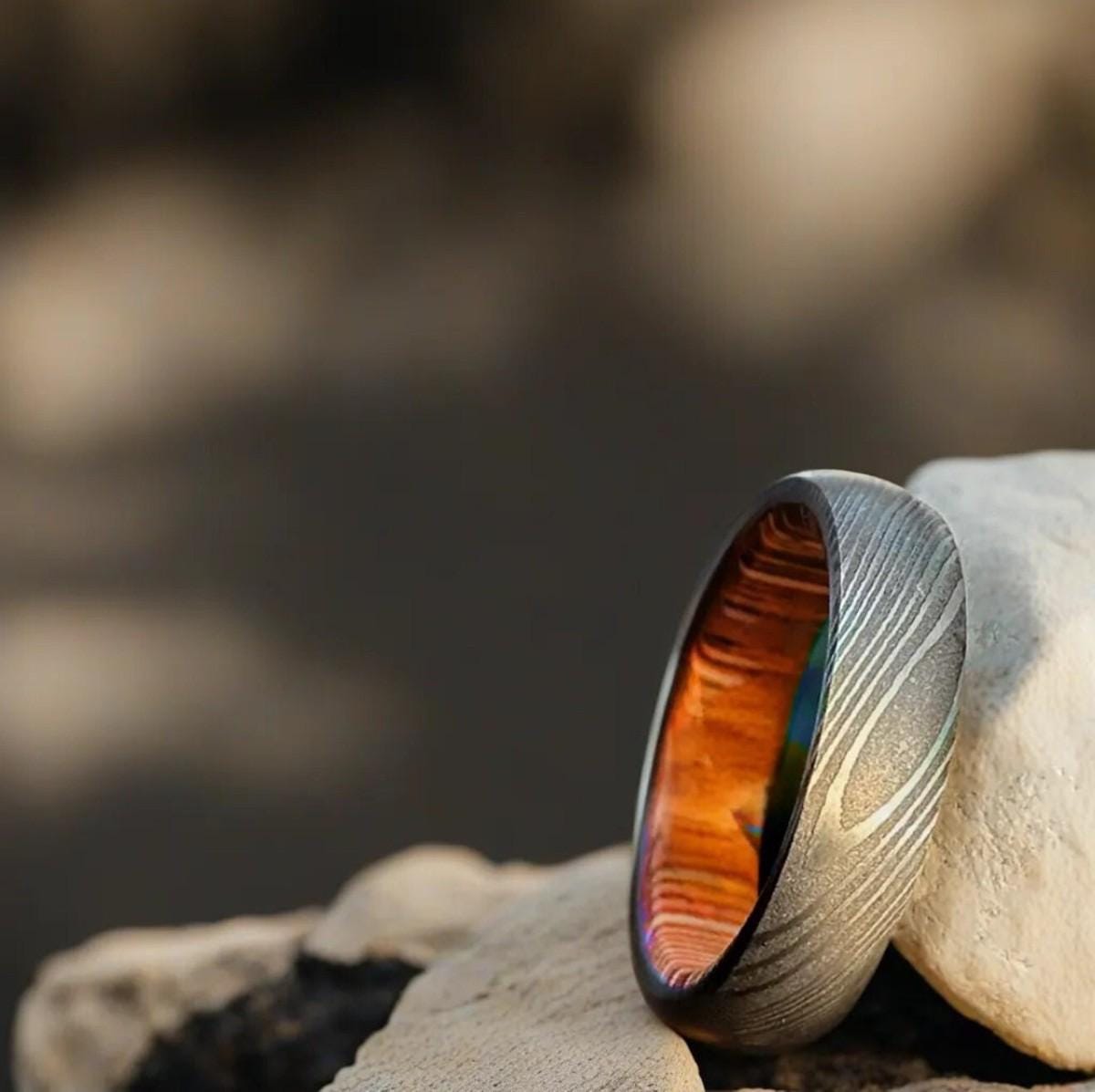 Damascus Steel & Whiskey Barrel Ring: Handmade Wedding Band