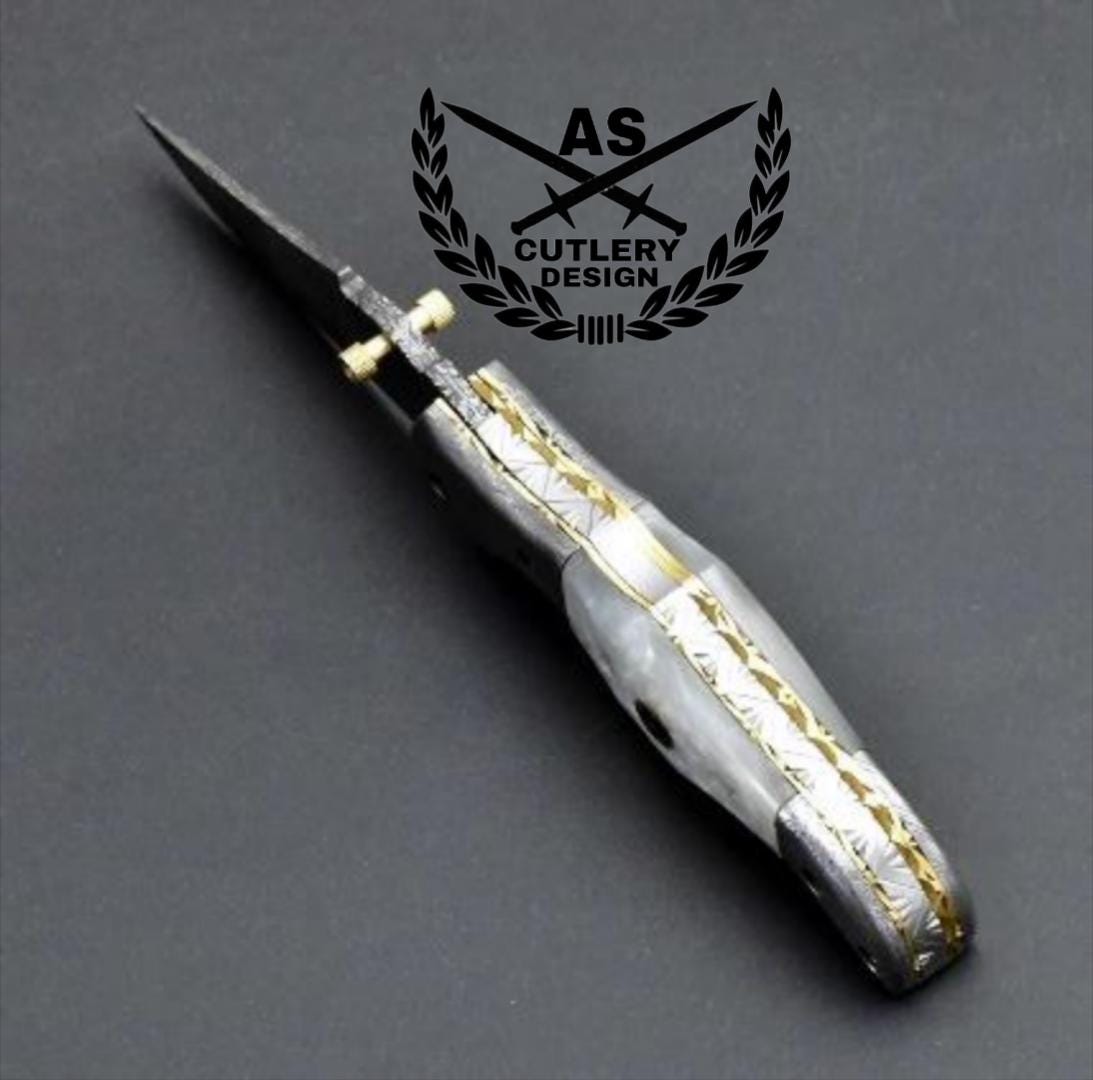 Damascus Folding Knife: Pearl Handle, Leather Sheath & Sharpener