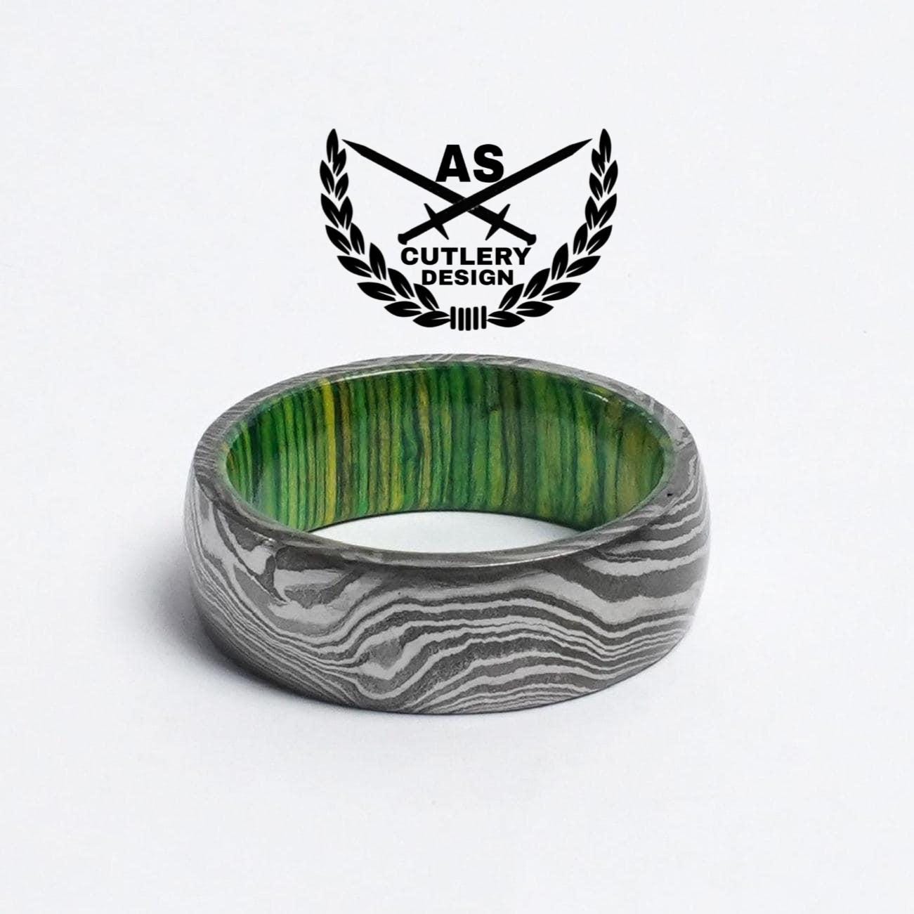 Forest Wood Damascus Steel Wedding Ring Band with Whiskey Barrel Green Wood Inlay