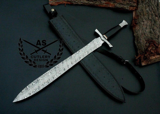 Custom handmade damascus sword steel 32”with leather sheath