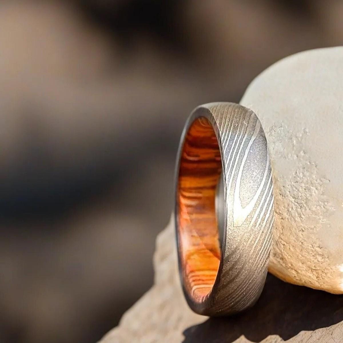 Damascus Steel & Whiskey Barrel Ring: Handmade Wedding Band