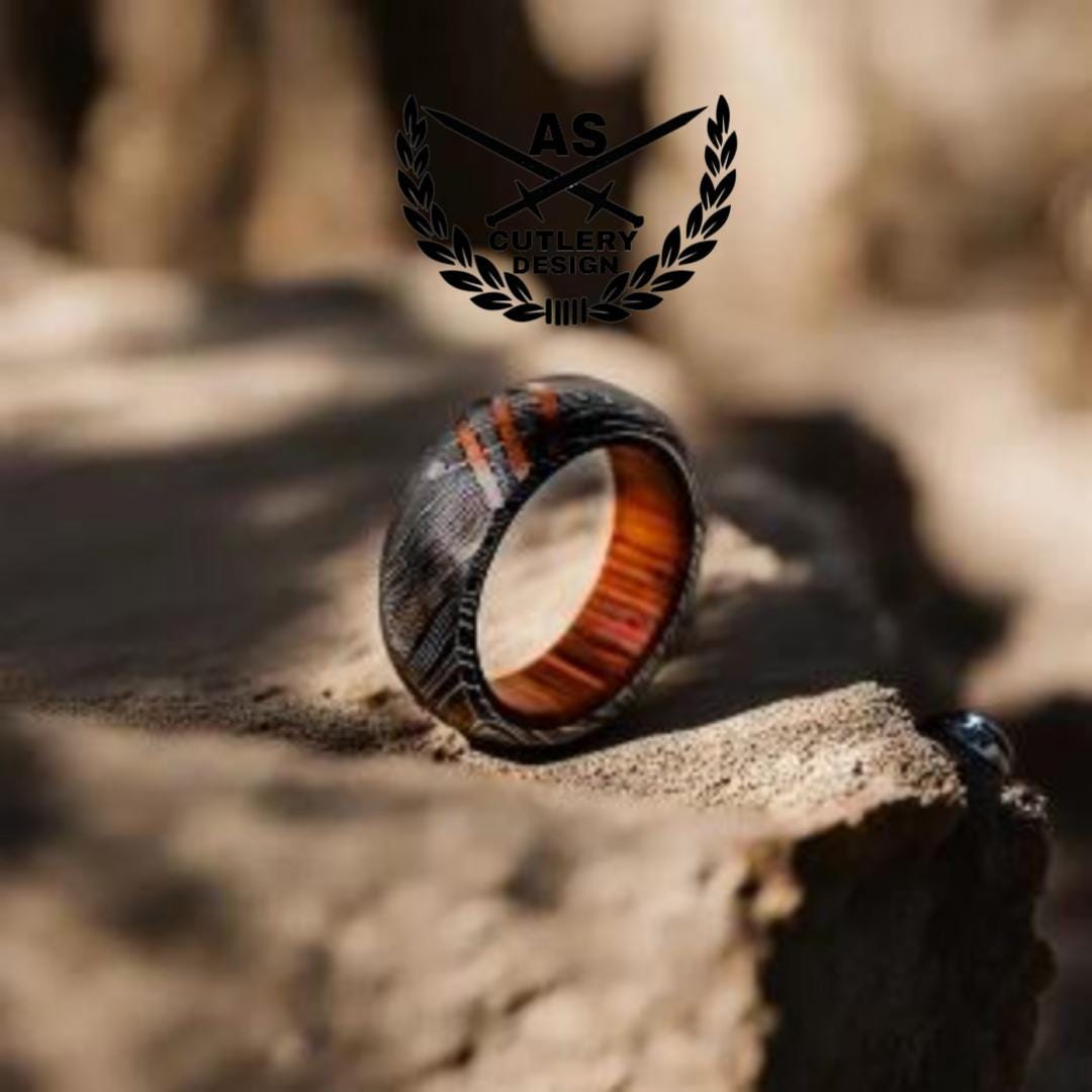 Titan damascus steel wedding ring band with wood Inlay