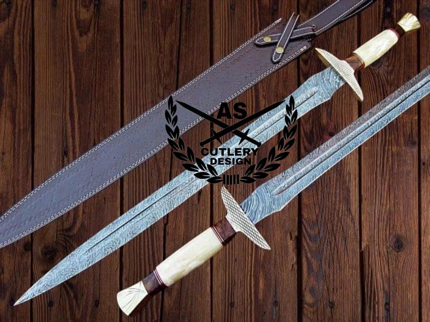 Custom handmade damascus steel sword 36”with leather sheath