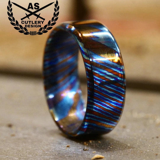 Custom made flat hammered Timascus titanium handmade engagement ring