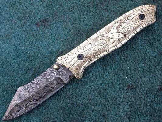 Handmade Damascus Folding Knife Custom Made Pocket Knife With Leather Sheath
