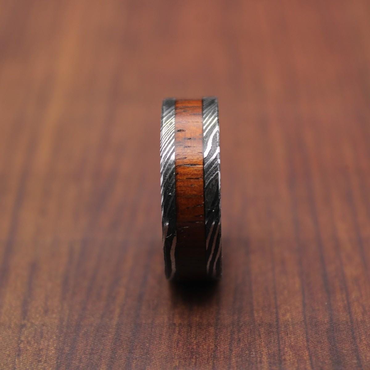 Damascus Steel Wedding Ring Whiskey Barrel & Blue Wood Inlay Men's Band